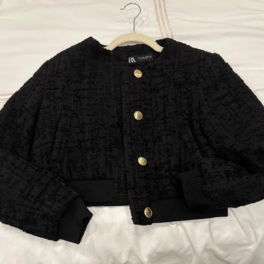 Zara Black Textured Bomber Jacket with Gold Buttons